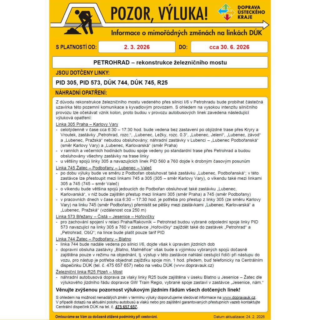 S platností od 2.3.2026 do cca 30.6.2026 budou z důvodu rekonstrukce železničního mostu v Petrohradu změny na linkách DÚK. Dotčeny jsou linky PID 305, PID 573, DÚK 744, DÚK 745 a R25. Výlukové jízdní řády k dispozici v příloze.
