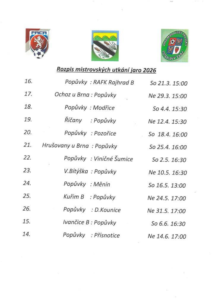 Rozpis mistrovských utkání jaro 2026