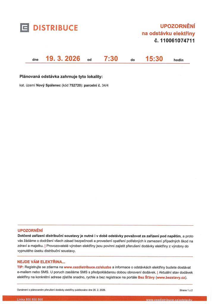 Přerušení dodávky elektrické energie dne 19.3.2026