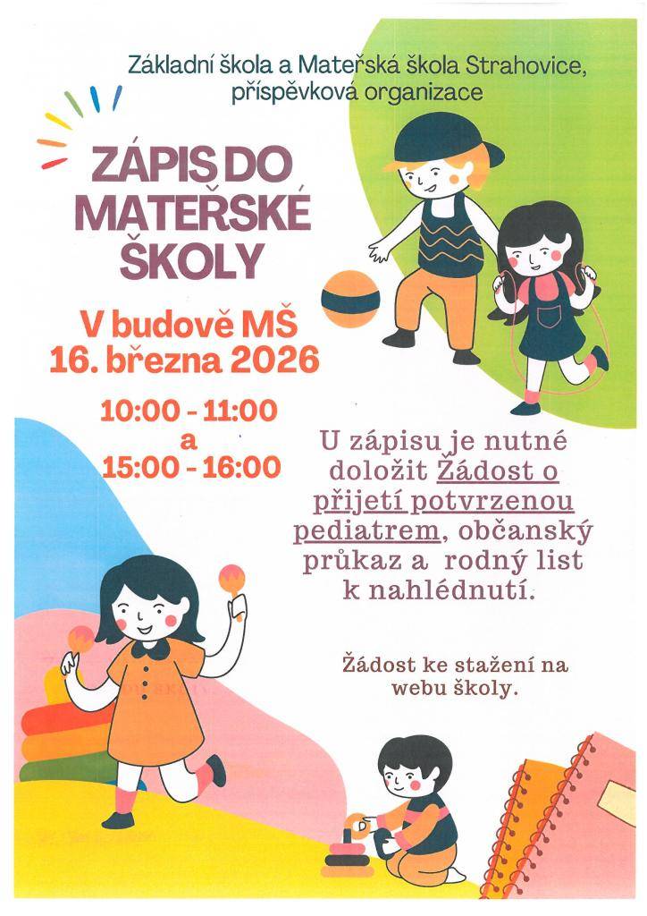 uskuteční se 16. března 2026 od 10:00 do 11:00 a poté od 14:00 do 16:00 v budově mateřské školy. Rodiče jsou povinni doložit žádost o přijetí potvrzenou pediatrem, občanský průkaz a rodný list k nahlédnutí. Žádost si mohou stáhnout na webových stránkách školy.