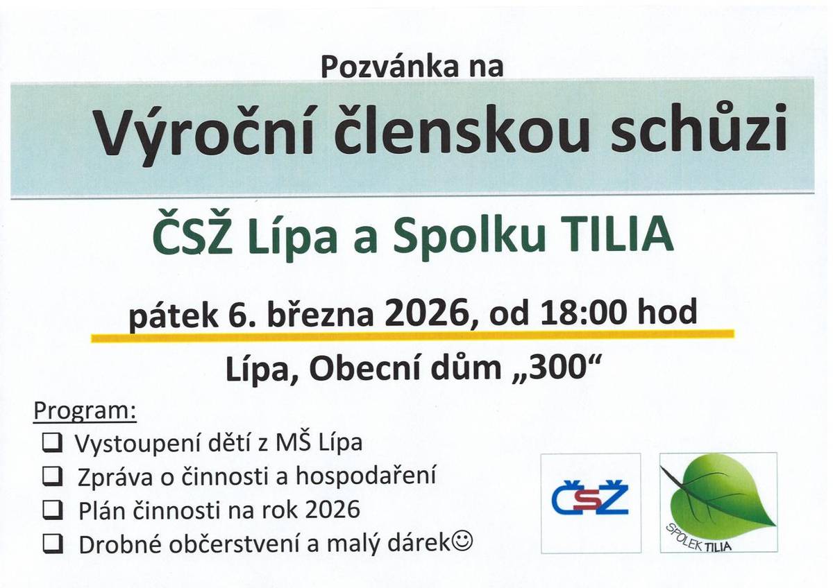 Výroční členská schůze ČSŽ Lípa a Spolku TILIA v pátek 6.3. od 18 hodin v obecním domě v Lípě