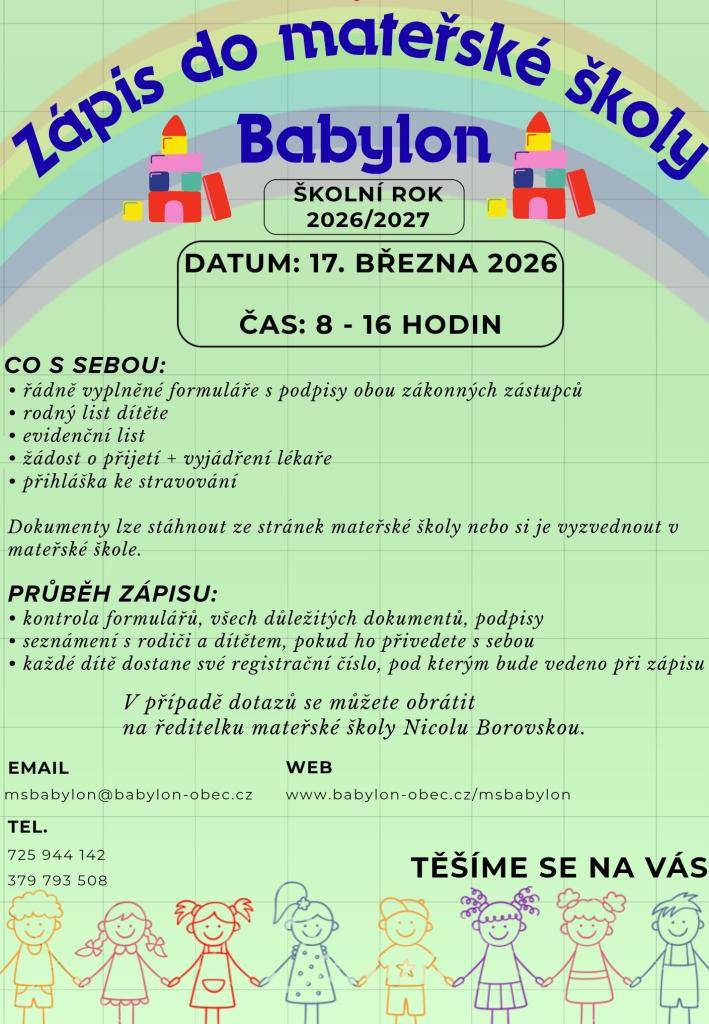 Zápis do mateřské školy se uskuteční 17. března 2026 od 8 do 16 hodin.