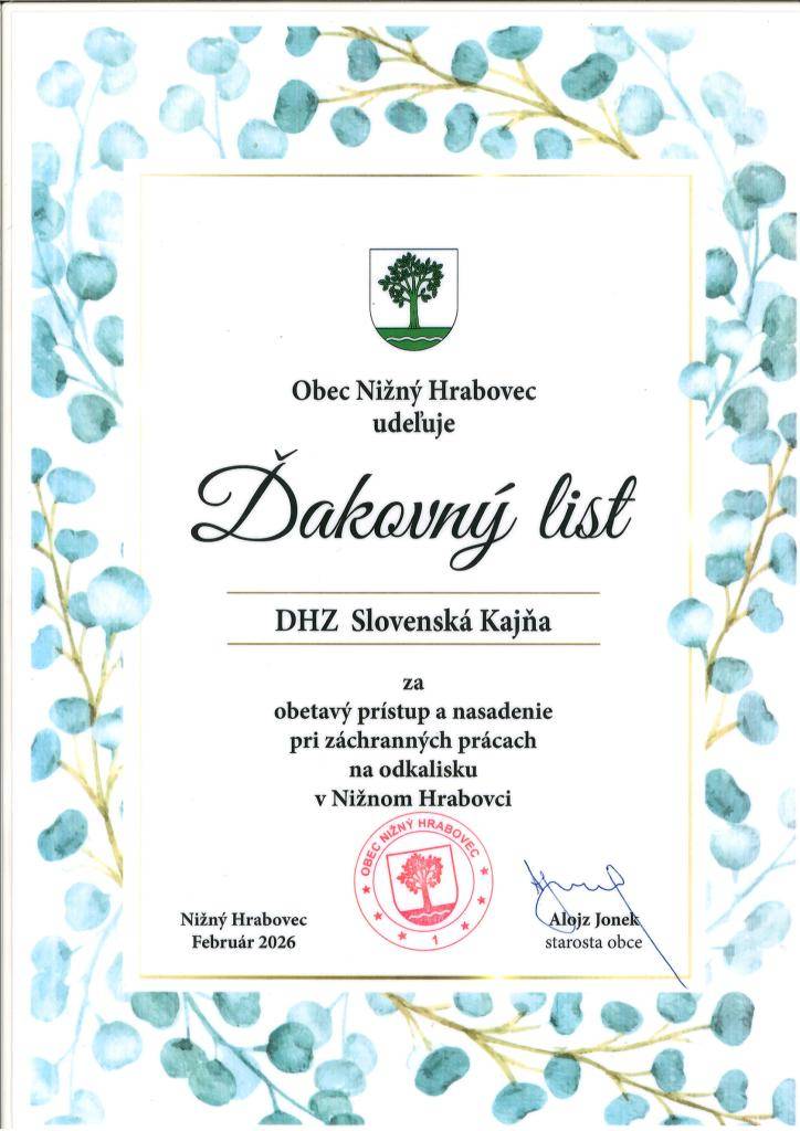 Ďakovný list pre DHZ Slovenská Kajňa