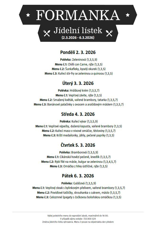 Vážení a milí spoluobčané, přijďte ochutnat menu do naší Formanky.