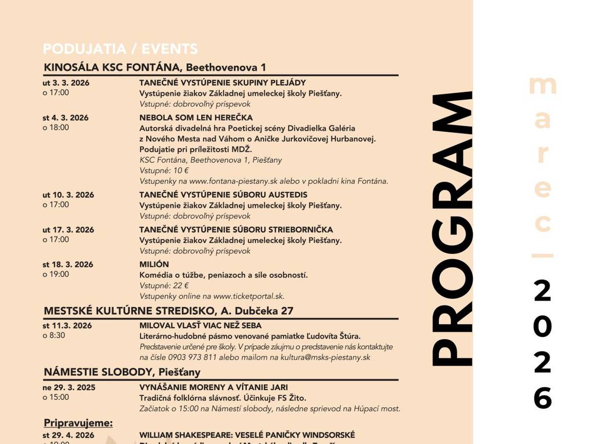 Mestské kultúrne stredisko mesta Piešťany pripravilo na marec 2026 program plný divadla, tanca, tradícií aj výstav. Návštevníkov čakajú podujatia pre všetky vekové kategórie – od vystúpení mladých talentov cez divadelné predstavenia až po komunitné stretnutia, ktoré oživujú verejný priestor mesta.