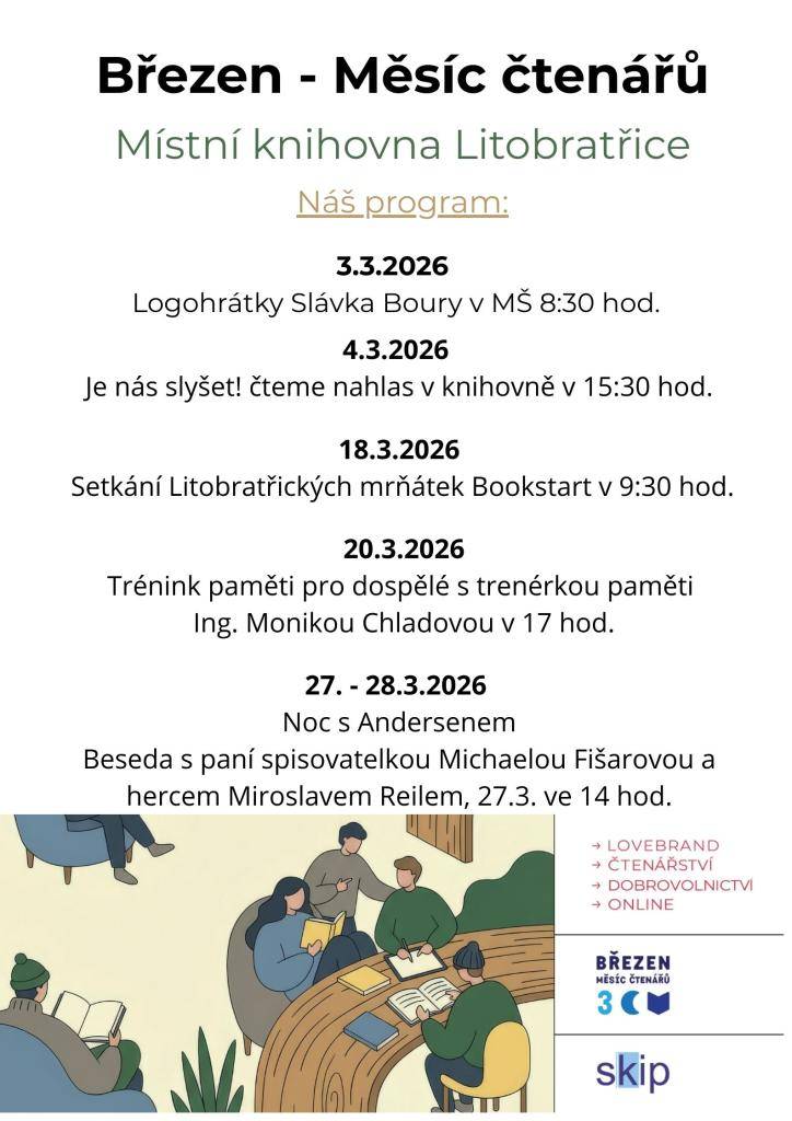 Naše knihovna připravuje na Březen - Měsíc čtenářů akce pro všechny věkové skupiny. Jste srdečně zváni. Těšíme se na Vaši návštěvu.