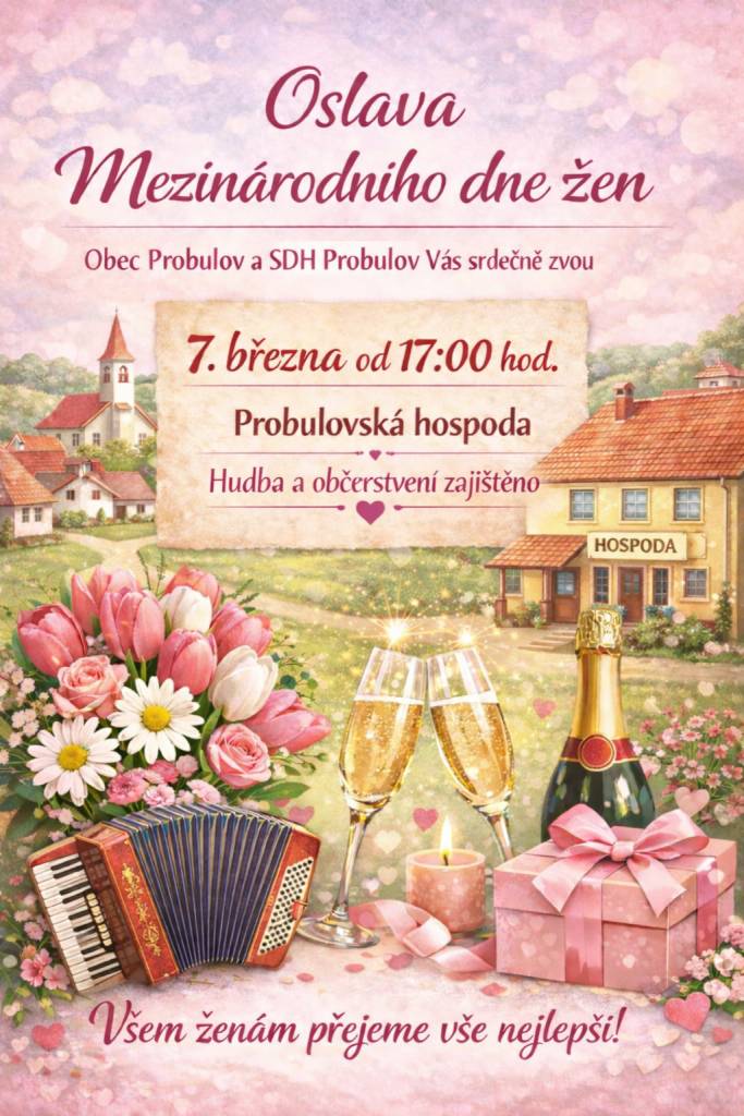 Obec Probulov a SDH Probulov Vás zve na oslavu Mezinárodního dne žen dne 7. března od 17h v Probulovské hospodě.