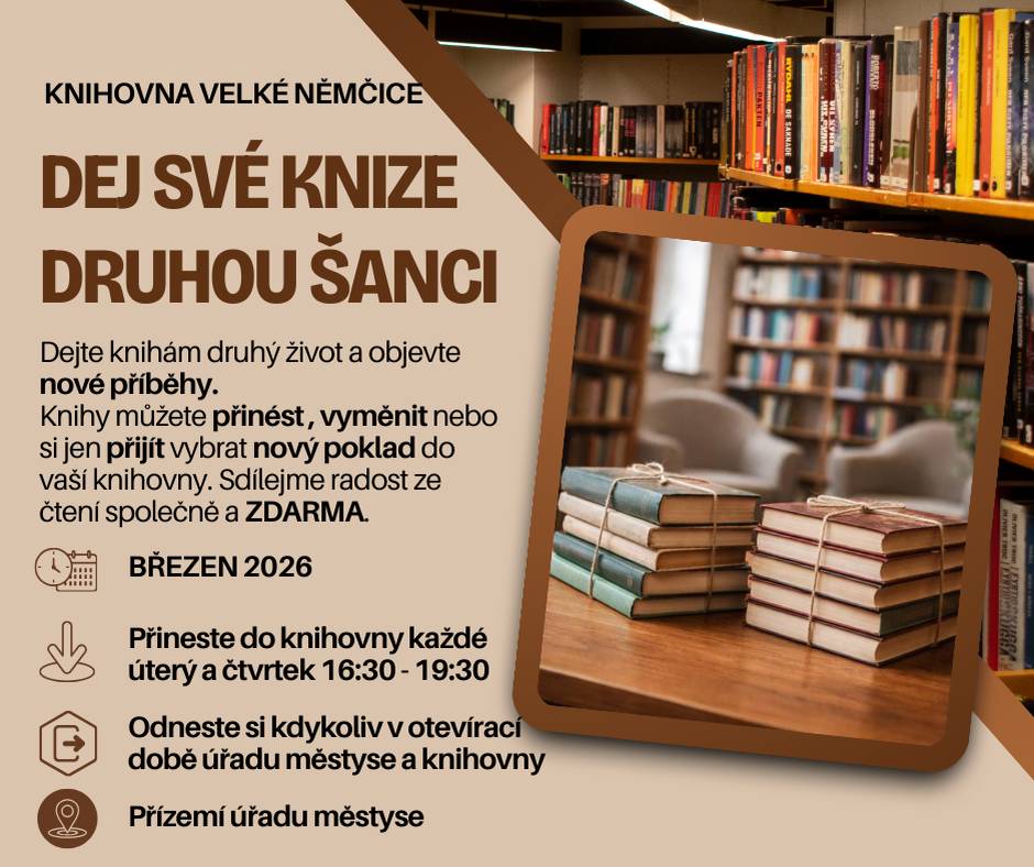 Akce "Dej své knize druhou šanci" se bude konat během celého měsíce března v přízemí úřadu městyse.  Budou zde vyřazené knihy z knihovny a přinesené nepotřebné knihy čtenářů. Čtenáři si je budou moct vybírat a odnést kdykoliv během otevíracích hodin úřadu a knihovny. Vše proběhne zdarma.