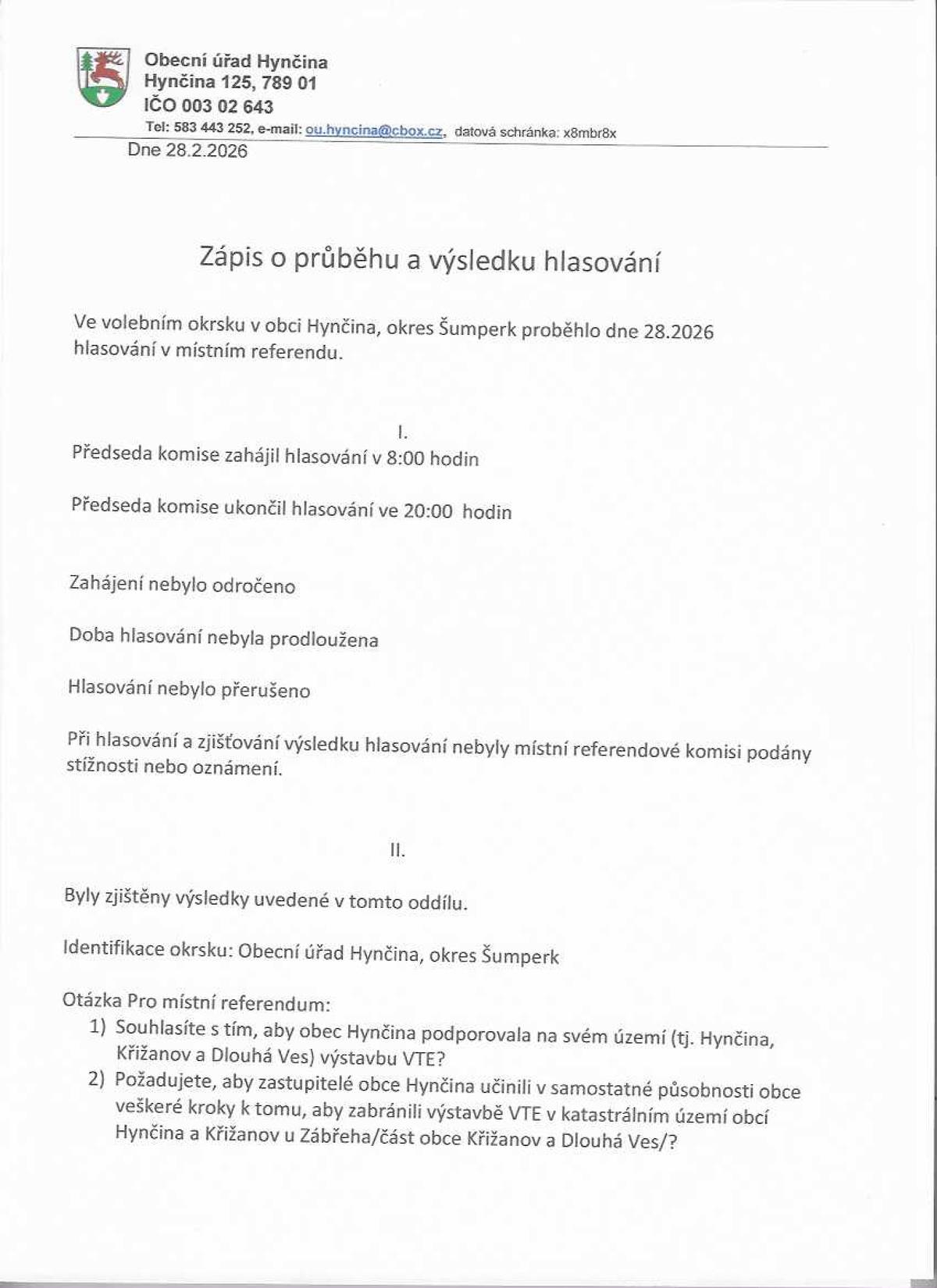 Dnes se v naší obci Hynčina konalo referendum ohledně výstavby VTE. Občané v referendu rozhodli, že výstavba VTE se ruší. Přílohou zasílám také zápis o průběhu a výsledku hlasování. Všem, kteří jste přišli odevzdat hlas, děkujeme.