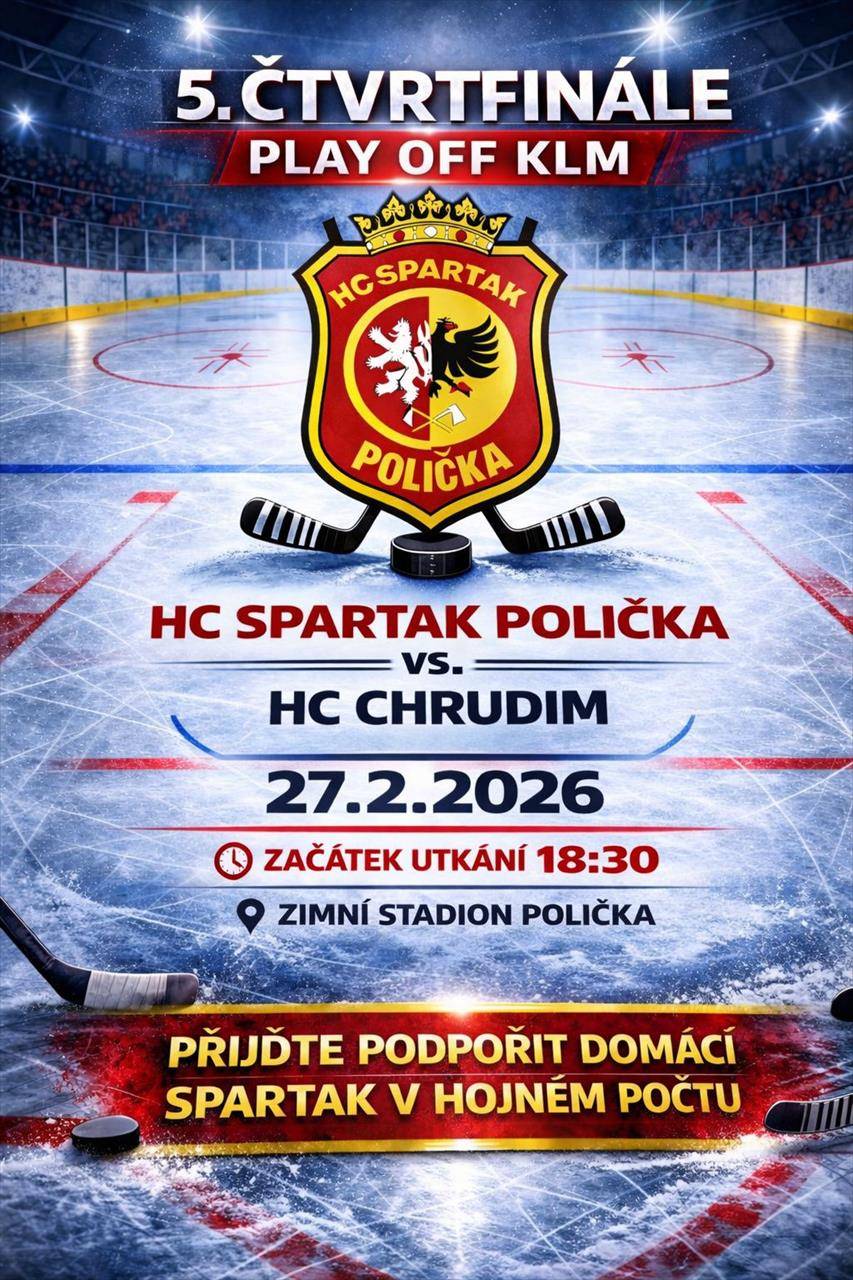 Vezměte své známé, rodinu, kamarády, odložte plány, které jdou odložit a doražte podpořit HC Spartak Polička. Vyražte na stadion včas, ať nic nezmeškáte a nestojíte frontu před zimákem. Píšeme historii, jdeme si za snem, společně za Spartak!  Upozorňujeme, že utkání HC Spartak Polička vs. HC Chrudim ...  (Sport / HC Spartak Polička)
