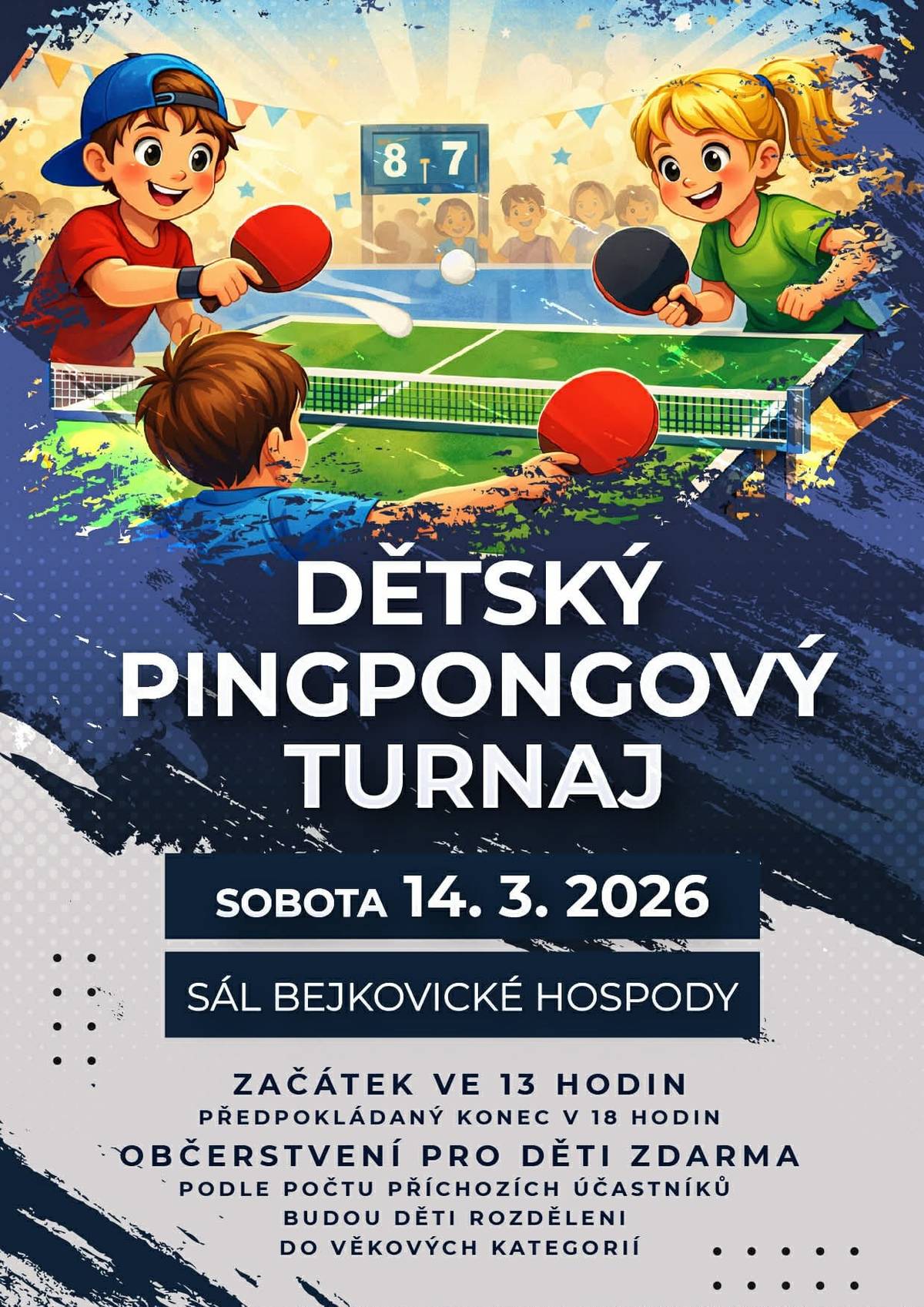 1. Informujeme občany že 10.3.2026 proběhne strojové zametání krajských a některých dostupných úseku místních silnic v obci po zimě. Prosíme v tento den neparkovat auta na komunikacích po celé obci, nejen kolem "hlavní " silnice. V případě, že není možnost auto zaparkovat jinde,prosíme zamést prostor pod autem předem Děkujeme! 2. Zveme všechny dětské pingpongové nadšence na turnaj. KDY: sobota 14.3.2026 od 13hod KDE: sál OÚ Býkovice , č.p.34 Občerstvení pro děti zdarma