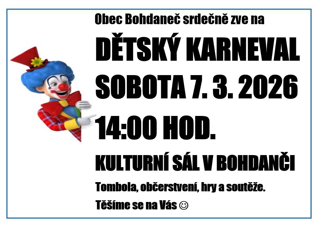 Dne 7.3.2026 od 14:00 hod. se uskuteční v Komunitním centru Bohdaneč " Dětský karneval".