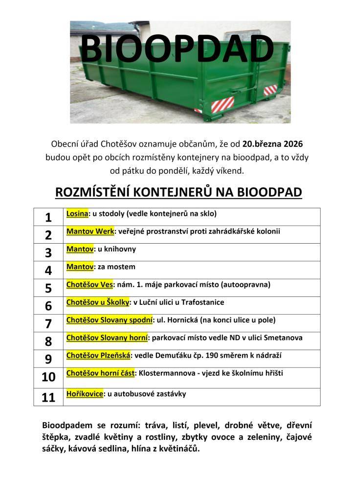 Obecní úřad Chotěšov oznamuje občanům, že od 20. března 2026 budou opět rozmístěny kontejnery na bioodpad