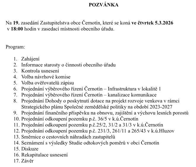 Ve čtvrtek 5.3.2026 se od 18 hodin koná 19. zasedání Zastupitelstva obce Černotín.