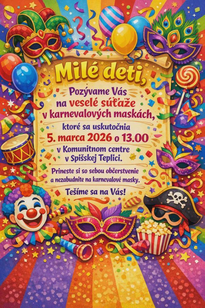 Pozývame všetky deti na veselé súťaže v karnevalových maskách, ktoré sa uskutočnia počas jarných prázdnin vo štvrtok 5.3.2026 o 13.00 hod. v Komunitnom centre. Deti nech si prinesú občerstvenie a karnevalové masky.