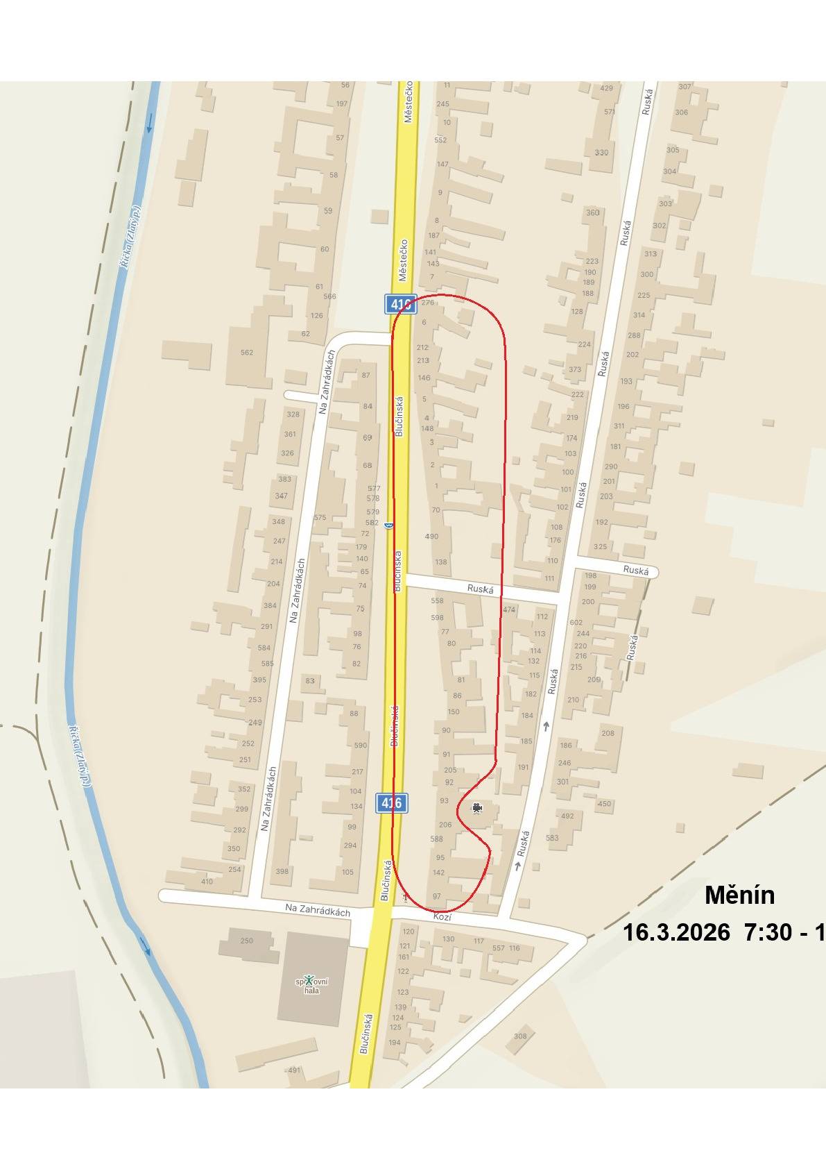 Oznámení o přerušení dodávky elektrické energie Z důvodu plánovaných prací na zařízení distribuční soustavy - rekonstrukcí, oprav, údržbových a revizních prací - bude přerušena dodávka elektrické energie: Odstávka číslo: 260062622 Dne 16.03.2026 od 07:30 do 16.03.2026 15:00 Vypnutá oblast: Měnín - Blučinská pravá strana od č.p. 276 po ul. Kozí EG.D, s.r.o., jako provozovatel distribuční soustavy je k provedení tohoto nezbytného kroku oprávněna na základě ustanovení § 25 odst. (3) písmeno c) bod 5 zákona č. 458/2000 Sb. ve znění pozdějších předpisů (energetický zákon). Žádáme odběratele el.energie o pochopení pro toto nezbytné omezení. Upozornění: V době přerušení dodávky elektřiny je nutné z důvodu bezpečnosti považovat energetické zařízení za zařízení pod napětím. Případné použití vlastního náhradního zdroje v době přerušení dodávky elektřiny je nutné předem vždy projednat se společností EG.D, s.r.o. Pro případné další informace volejte Nonstop linku EG.D 800 22 55 77 nebo navštivte www.egd.cz, kde najdete další informace o přerušení dodávek elektřiny. Děkujeme Vám za pochopení. EG.D, s.r.o.