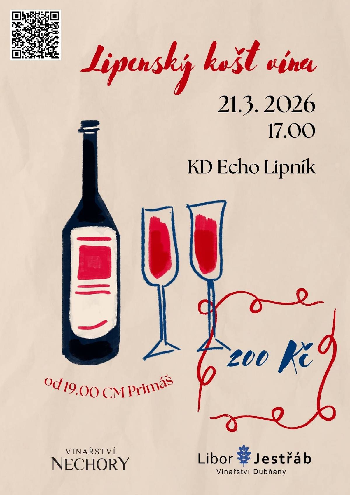 Středisko volného času zve v sobotu 21. března od 17:00 hodin do kulturního domu ECHO na jarní degustaci vín. Představí se Vinařství Dubňany Libora Jestřába a Vinařství Nechory. Hraje CM Primáš. Vstupné 200 Kč. Vratná záloha na sklo 100 Kč, koštování není v ceně vstupenky. Zakoupíte online v síti smsticket.cz nebo osobně na našich pokladnách.