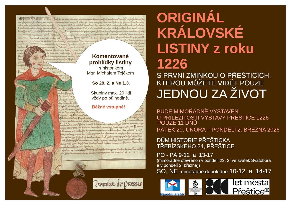 Poslední možnost prohlédnout si výjimečnou listinu! Začátkem příštího týdne se totiž vydá zpět do Národního archivu ČR. Využijte komentovaných prohlídek ještě tento týden.  V rámci prohlídky výstavy uvidíte také např. zbroj velmože ze 13. stol., jakým byl Svatobor z Přeštic. Exponáty jsou zapůjčeny z archeoskanzenu Curia Vitkov. Vydejte se na návštěvu Domu historie Přešticka.