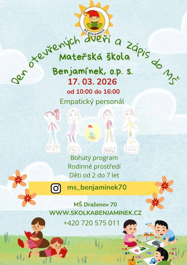 17. 3. 2026   od 10.00 hod do 16.00 hod  MŠ Benjamínek,o.p.s.,  Draženov 70