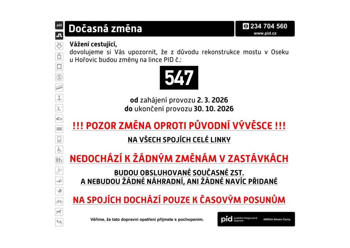 Z důvodu rekonstrukce mostu v Oseku u Hořovic dojde na lince PID č. 947 k dočasným změnám. Ty se týkají pouze časových posunů spojů, a to od 2. března do 30. října 2026. Všechny stávající zastávky budou i nadále obsluhovány, bez zavedení náhradních nebo nových zastávek.
