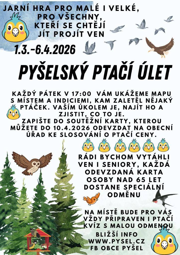 Pojďte s námi ven do okolí Pyšela a poznávejme ptáky nejen okolo nás. Stáhněte si soutěžní kartu, počkejte si na mapu s místem, kam ptáček uletěl a pak hurá ven.