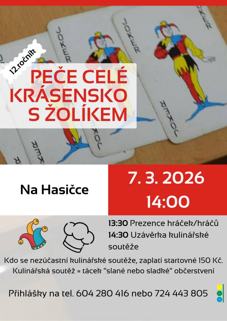 Akce "Peče celé Krásensko s Žolíkem" se uskuteční 7. března 2026 na Hasičce. Přijďte si zasoutěžit v přípravě jídel a zahrát si žolíka, oblíbenou karetní hru. Budeme rádi, když se k nám připojíte.
