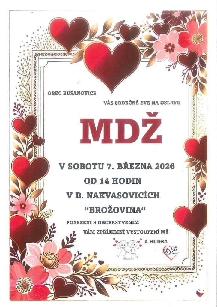 Obec Bušanovice vás srdečně zve na oslavu, která se koná v sobotu 7. března 2026 od 14 hodin v Dolních Nakvasovicích, konkrétně v hostinci Brožovina. Těšit se můžete na příjemné posezení s občerstvením a vystoupení místní mateřské školy, které doplní hudební program.
