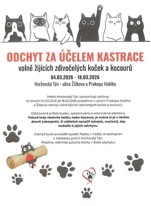 V uvedeném termínu proběhne v našem městě kontrolovaný odchyt  opuštěných koček v rámci programu kastrací. Tento program pomáhá předcházet jejich nekontrolovanému množení. Děkujeme za spolupráci a pochopení.