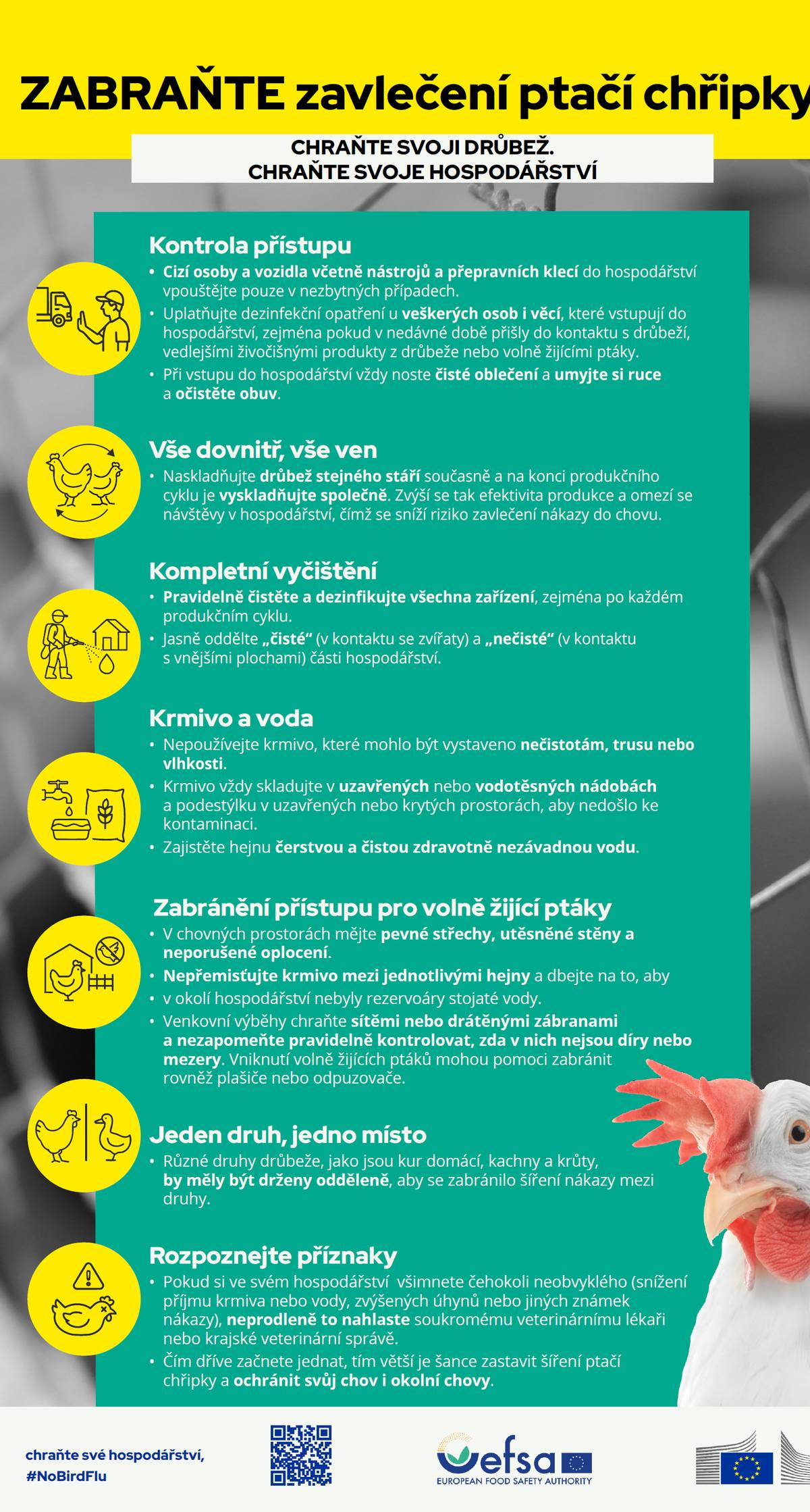 Krajská veterinární správa pro Jihomoravský kraj informuje, že na celém území České republiky přetrvává zhoršená nákazová situace týkající se vysoce patogenní ptačí chřipky (HPAI). Chovatelé drůbeže a dalších ptáků chovaných v zajetí jsou vyzváni k důslednému dodržování zvýšených opatření biologické bezpečnosti, zejména: · zabránění kontaktu chovaných ptáků s volně žijícími ptáky, · ochraně krmiva, vody a podestýlky před kontaminací, · omezení nepřímého kontaktu (trus, peří, předměty přinesené z venku), · dodržování zvýšených hygienických pravidel při vstupu osob a vjezdu vozidel do chovů.     Ptačí chřipka (HPAI – H5N1) V roce 2026 došlo v malochovech ptáků chovaných v zajetí k významnému nárůstu výskytu této nákazy. · Od začátku roku bylo potvrzeno 11 ohnisek v chovech po celé ČR. · U volně žijících ptáků bylo evidováno 21 pozitivních případů. Ptačí chřipka je potenciálně přenosná na člověka a jiné savce. Je nutné vyvarovat se jakéhokoliv kontaktu s podezřelými nebo uhynulými ptáky, jejich trusem, peřím či jinými rizikovými materiály.   Podrobné informace k prevenci nákazy jsou dostupné na webu Státní veterinární správy: www.svscr.cz – Ptačí chřipka: informace pro veřejnost.     Newcastleská choroba drůbeže (NCD) Zhoršená nákazová situace se týká také Newcastleské choroby. · V roce 2026 bylo potvrzeno 13 ohnisek v chovech a 2 případy u volně žijících ptáků. · V chovech byla zavedena mimořádná veterinární opatření k omezení šíření nákazy. Povinná vakcinace proti NCD se vztahuje na reprodukční chovy kura domácího a chovy nosnic nad 500 kusů. Ostatním komerčním chovům veterinární správa očkování doporučuje. Malochovatelům je doporučeno nakupovat zvířata výhradně z vakcinovaných chovů. Další informace jsou k dispozici na stránkách Státní veterinární správy: www.svscr.cz     Důležitý kontakt: v případě hromadných úhynů lze kontaktovat krizovou linku KVS JMK: 720 995 213.