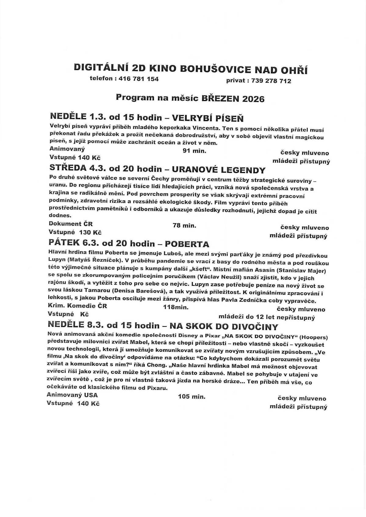 Podívejte se, na co zajít v březnu do bohušovického kina.