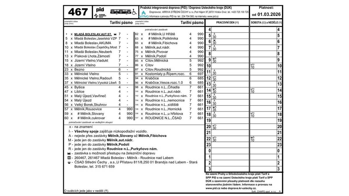 Od 1.3.2026 platí nový jízdní řád na lince 467 z a do Bezna