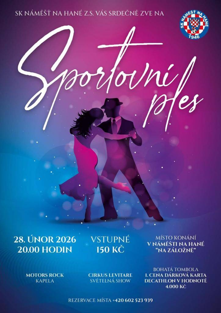 Spolek SK Náměšť na Hané vás srdečně zve na sportovní ples, který se koná v sobotu 28. února od 20 hod. na sále kulturního zařízení městyse Náměšť na Hané.  K poslechu hraje skupina MOTORS ROCK.  Vstupné 150 Kč.  V rámci programu vystoupí CIRKUS LEVITARE - světelná show.  Občerstvení zajištěno