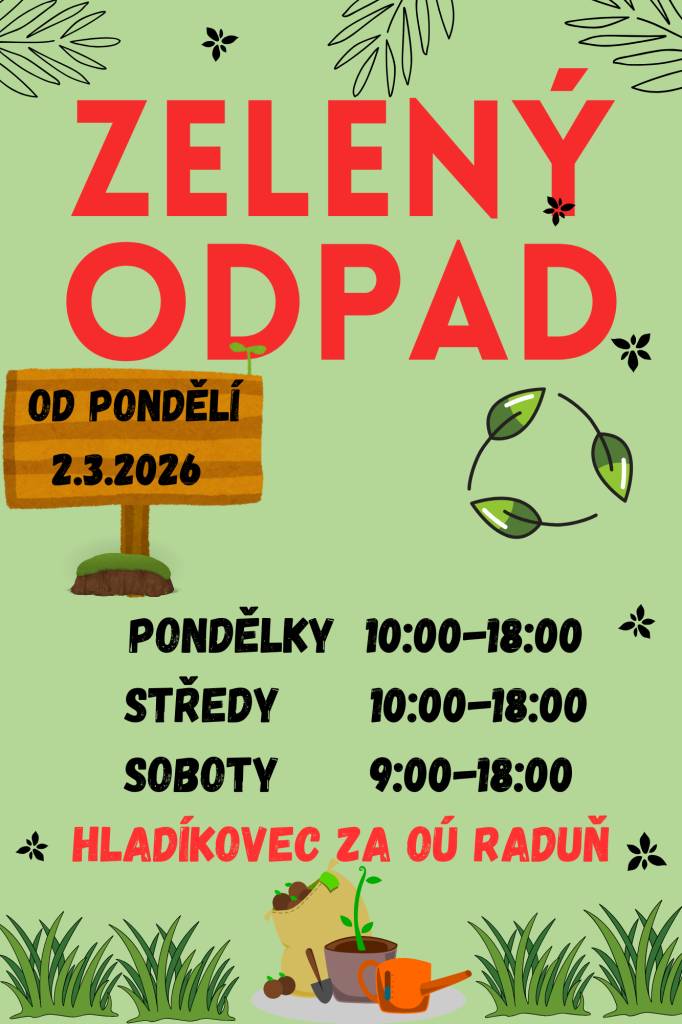 Z důvodu jarního počasí oznamujeme, že od pondělí 2. března 2026 bude opět otevřen sběrný dvůr pro zelený odpad.   Zelený odpad slouží na listí, trávu, plevel a lehce rozložitelné zbytky rostlin a nepatří do něj hlína a kamení.  Děkujeme.