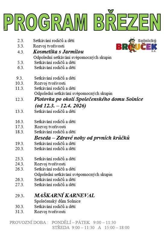 Solnický Brouček představuje svůj program na měsíc březen 2026.