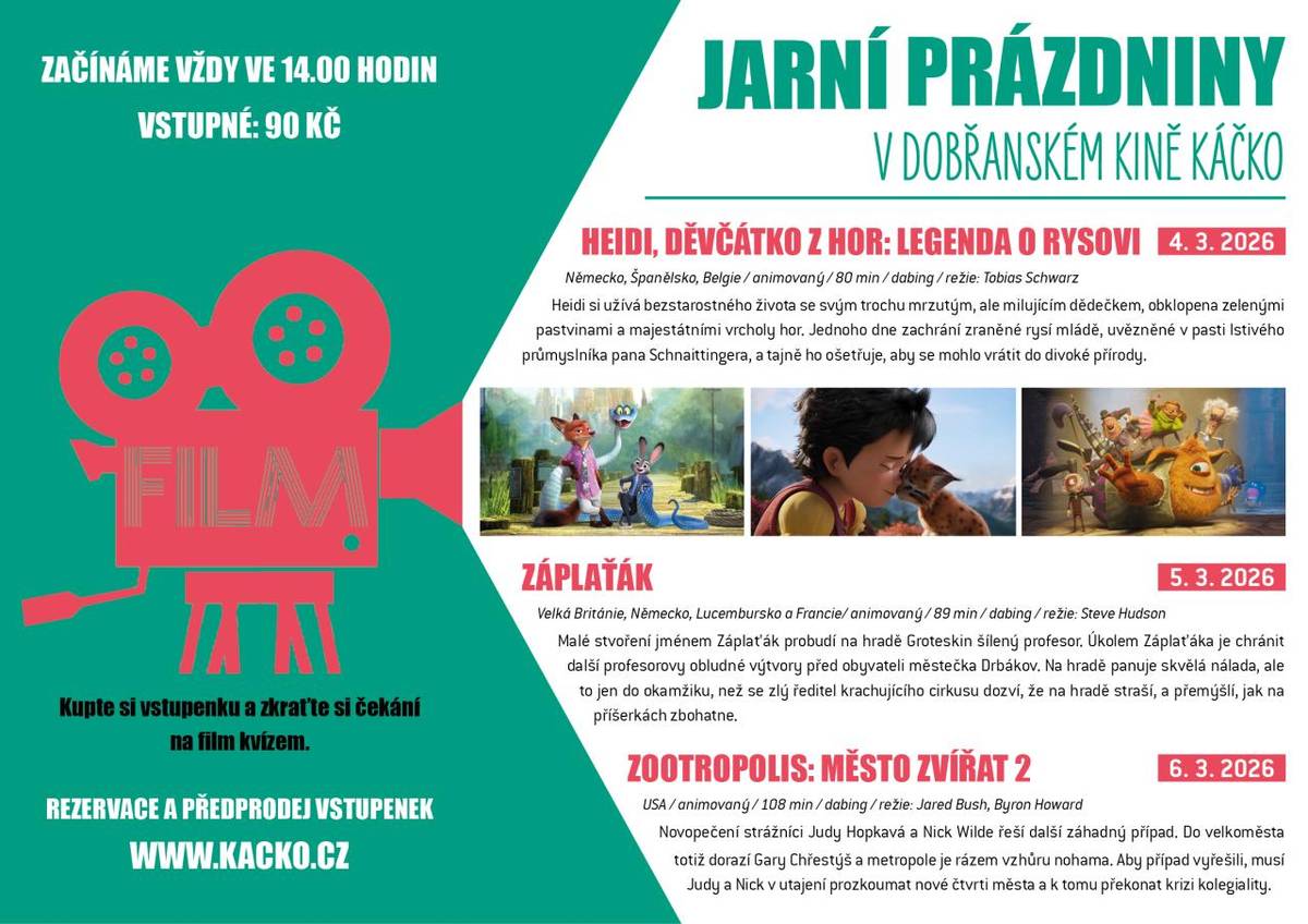 Jarní prázdniny s promítáním a kvízem pro děti v dobřanském kině Káčko.