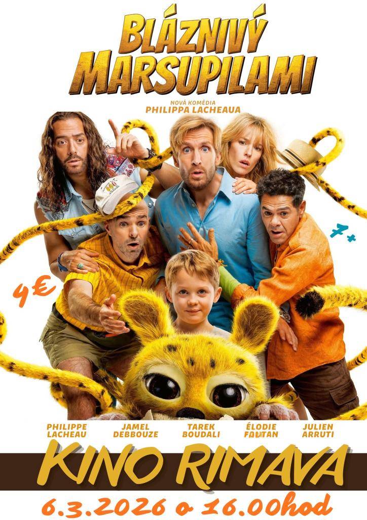 Kino Rimava v Hnúšti vás pozýva na premiéru novej rodinnej komédie Bláznivý Marsupilami plnej smiechu, komických katastrof, nedorozumení a zmätkov a to 6.3.2026 o 16.00 hod. Vstupné je 5€ pre dospelých a 4€ pre deti.