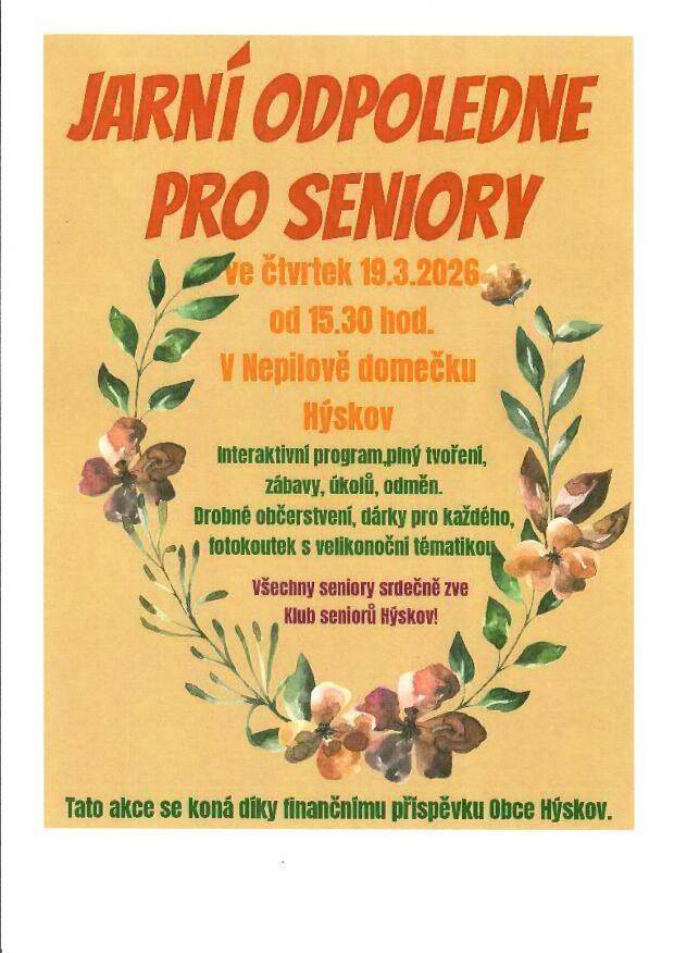 Jarní odpoledne pro seniory ve čtvrtek 19.3.2026 od 15:30 hod v Nepilově domečku Hýskov