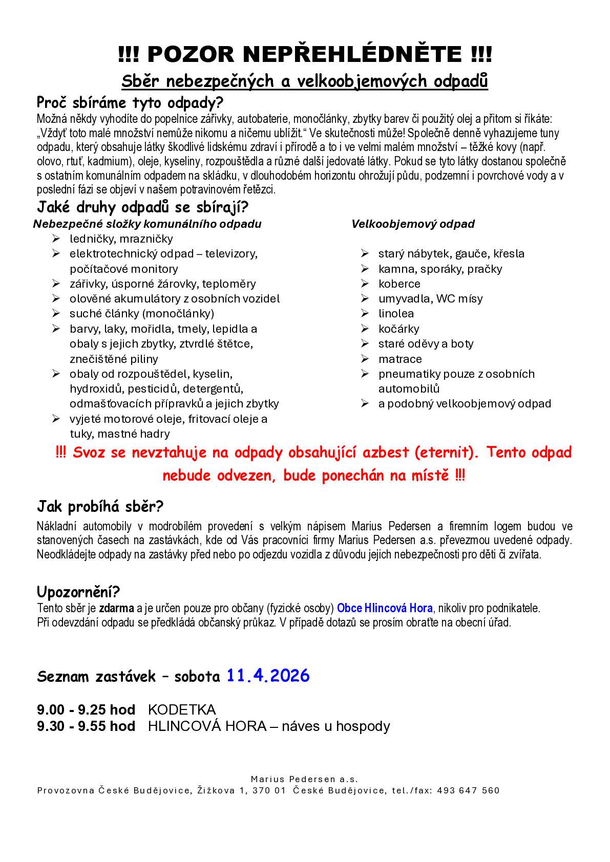 Mobilní svoz - sběr nebezpečného a velkoobjemového odpadu - sobota 11.4.2026