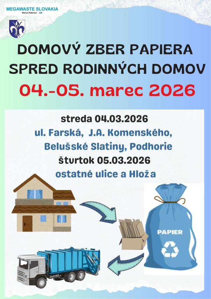 Zber modrých plastových vriec s papierovým odpadom bude streda 04.03.2026- ul. Farská,  J.A. Komenského, Belušské Slatiny, Podhorie  a štvrtok 05.03.2026 ostatné ulice a Hloža