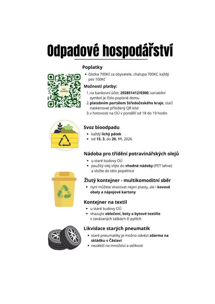 Informace o poplatcích za odpady v roce 2026.   Poplatek za 1 obyvatele nebo 1  chalupu činí 700 Kč.  Za každého psa se hradí 100 Kč.     Letáček dostanete do poštovní schránky.