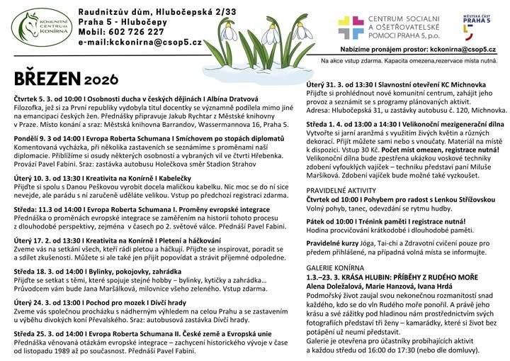 Komunitní centra v Praze 5 nabízejí také v březnu bohatý program. Vybrat si můžete z nabídky KC Prádelna v Holečkově ulici, KC Louka nedaleko smíchovského nádraží a KC Konírna v hlubočepském Raudnitzově domě.
