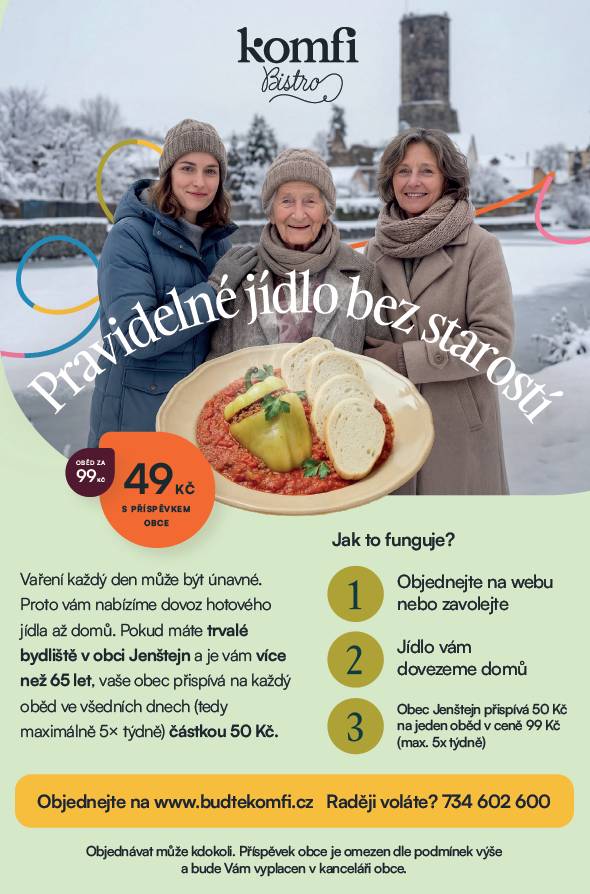 OCHUTNÁVKA jídel od Komfi Bistro bude pro Vás probíhat ve středu 25. února 2026 od 15 do 17 hodin v přízemí obecního úřadu Jenštejn.    Všichni jsou srdečně zváni.