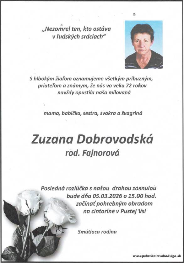 Smútočné oznámenie - Zuzana Dobrovodská, rod. Fajnorová