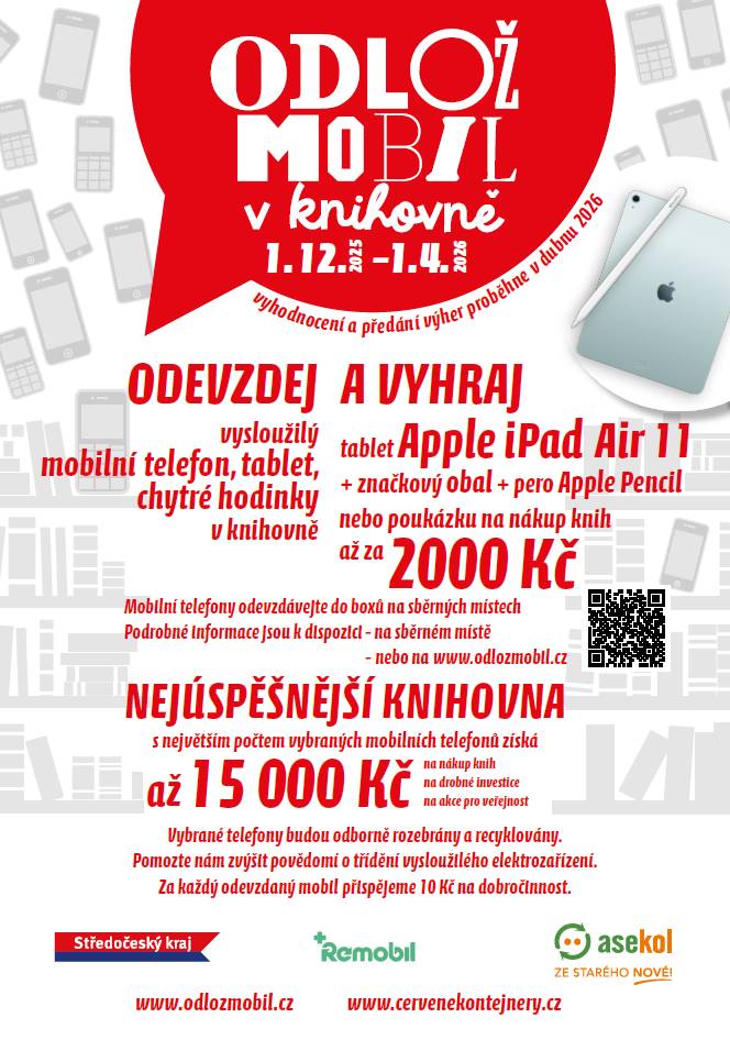 V místní knihovně můžete odevzdávat vysloužilé mobilní telefony, tablety a chytré hodinky. Nejlepší knihovna s největším počtem vybraných zařízení získá 2000 Kč. Odevzdáním mobilu také přispějete 10 Kč na dobročinnost, která podpoří nákup knih a různé akce pro veřejnost.