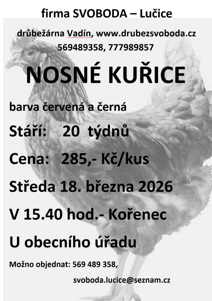 Prodej kuřic ve středu 18. března 2026 v 15.40 hodin u OÚ