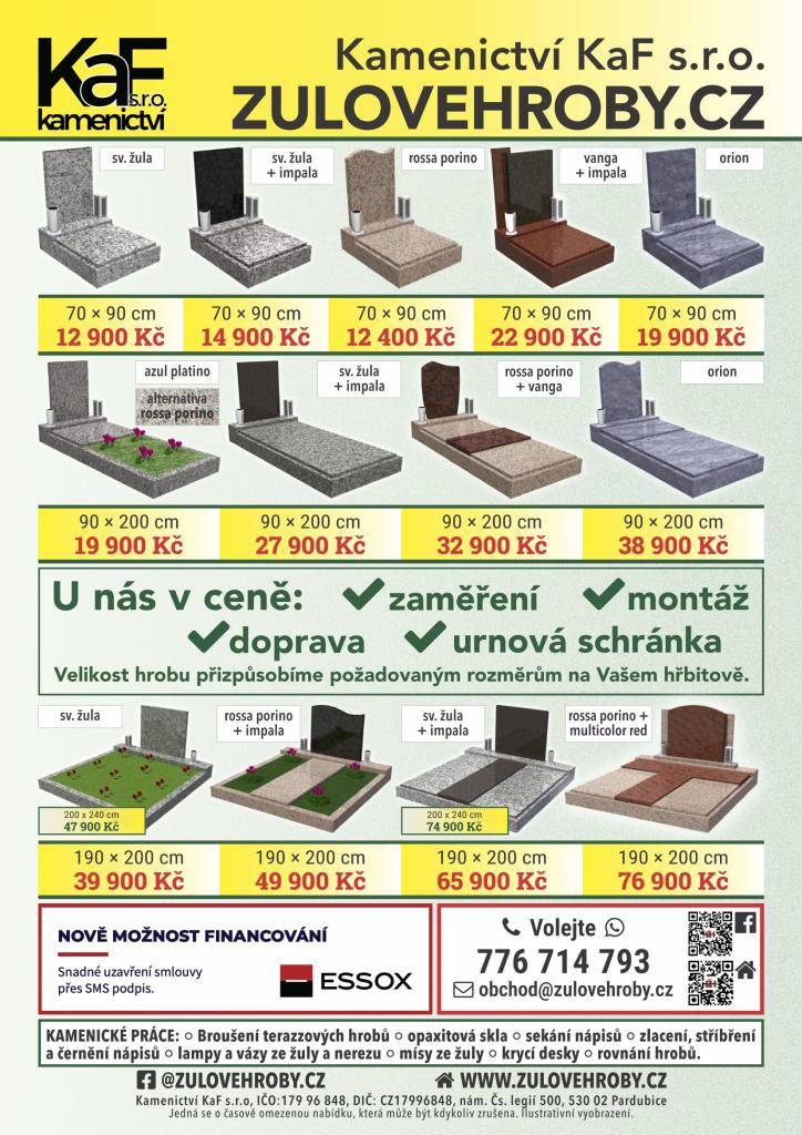 V pondělí 9. 3. a 23. 3. v 10:00 – 10:20 bude na hřbitově v Předíně obchodní zástupce Kamenictví KaF s.r.o. a Žulovéhroby.cz  přijímat objednávky k opravám hrobů. Poskytujeme veškeré kamenické práce. Přijďte na hřbitov a využijte naši výhodnou nabídku.