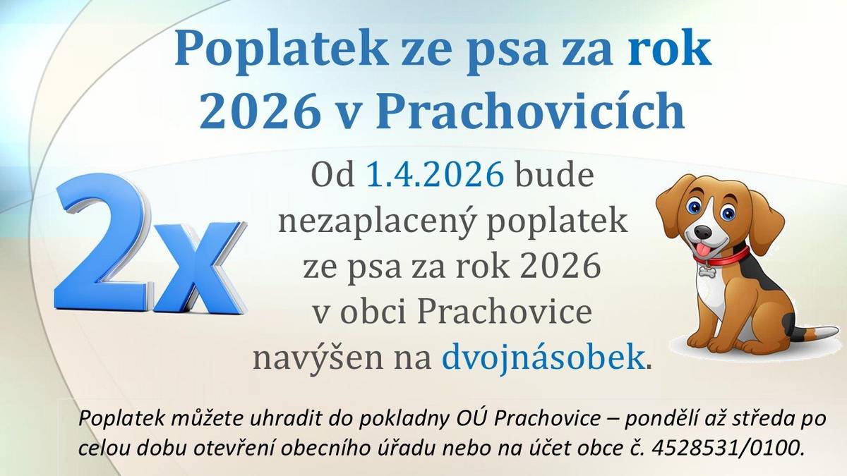 Od 1.4.2026 bude nezaplacený poplatek ze psa za rok 2026 v obci Prachovice navýšen na dvojnásobek. Poplatek můžete uhradit do pokladny OÚ Prachovice – pondělí až středa po celou dobu otevření obecního úřadu nebo na účet obce č. 4528531/0100. Využít můžete i QR kód k platbě. Pokud máte již poplatek uhrazený, považujte toto sdělení za bezpředmětné.