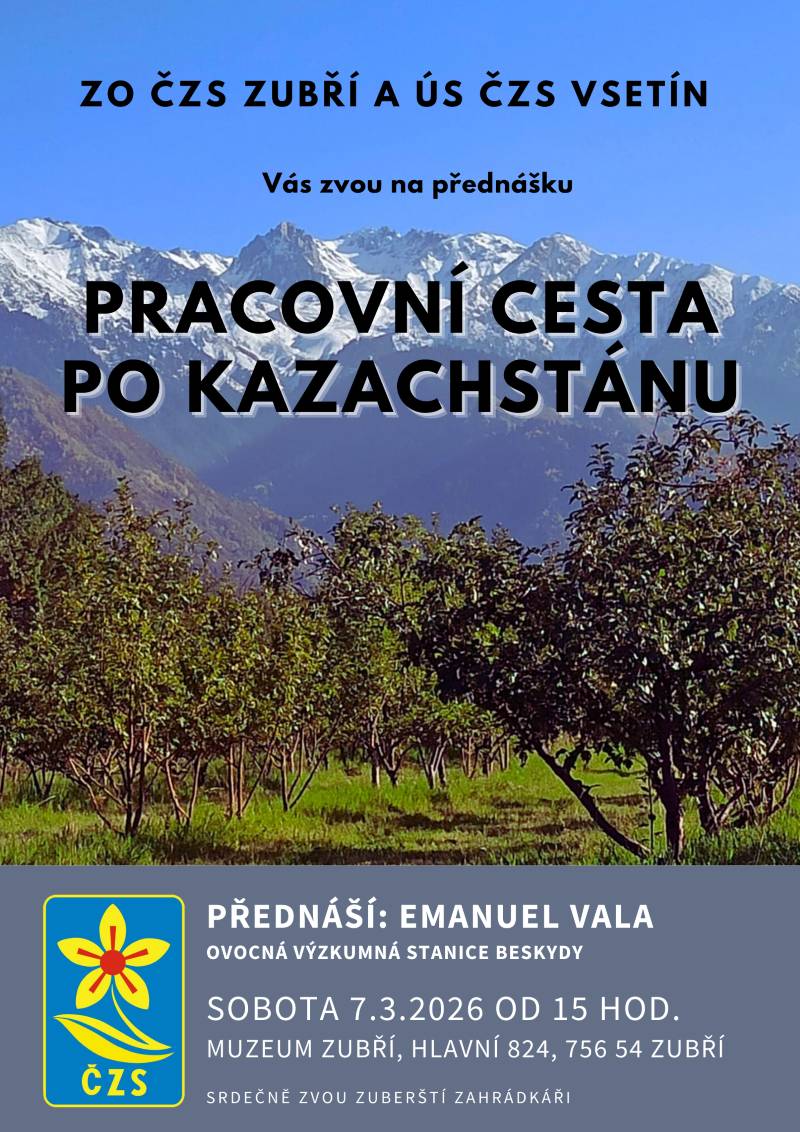 ZO ČZS Zubří a ÚS ČZS Vsetín Vás srdečně zvou na poutavou přednášku. 🎤 Přednáší: Emanuel Vala 🍎 Ovocná výzkumná stanice Beskydy Dozvíte se zajímavosti z pracovní cesty po Kazachstánu, zkušenosti z oboru i postřehy z této fascinující země.