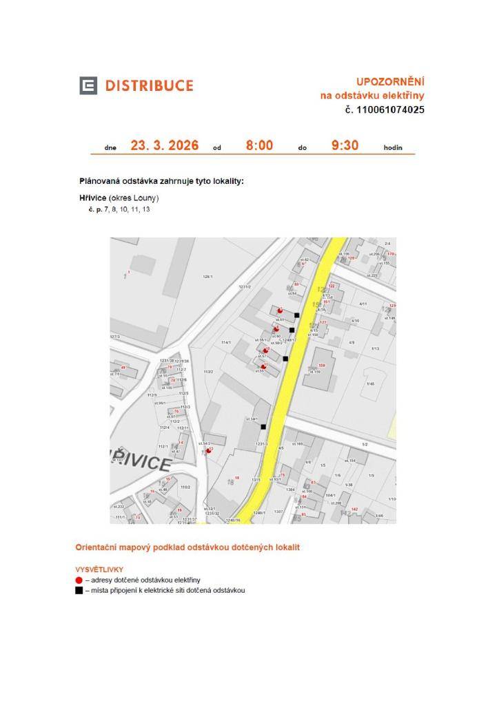 Dne 23. 3. 2026 od 8:00 do 11:00 hodin je plánovaná odstávka v obci Hřivice.