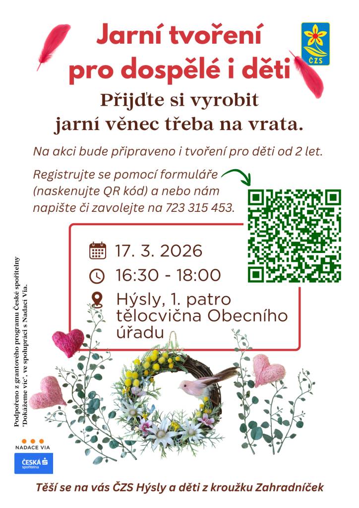 Akce proběhne ve čtvrtek 17. 3. 2026 od 16:30 hodin v tělocvičně Obecního úřadu Hýsly a je třeba se předem přihlásit.